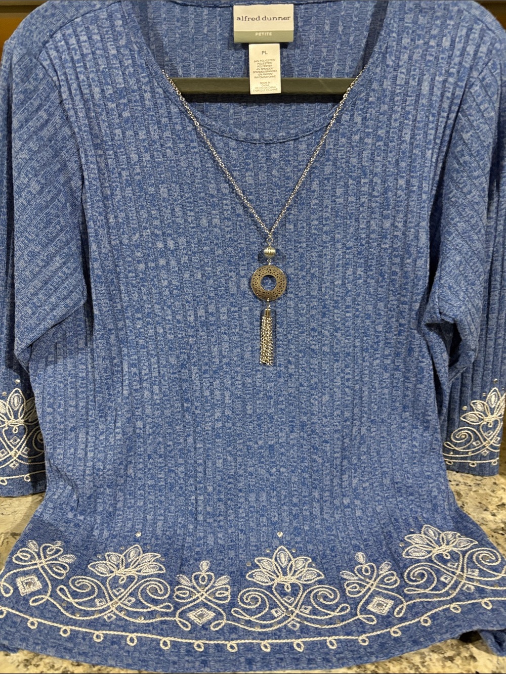 Alfred Dunner Blue Ribbed Scoop Neck Sweater with White Embroidered Hem